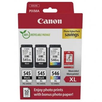 Canon 2 x PG-545XL + CL-546XL Pachet cartuse originale cu Hartie Poto (2 x Black PG545XL + 1 x TriColour CL546XL+ 10x15 Photo Paper 50 coli)
