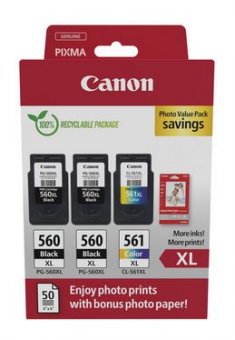 Canon 2x PG-560XL + CL-561XL Pachet 3 cartuse + hartie foto (2x Black + 1x Tricolor + 10x15 Photo Paper 50 coli) (PG560XL+CL561XL)