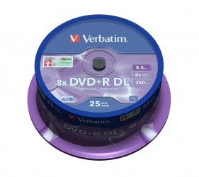 Verbatim DVD+R 8x DL (Dual Layer) 8.5 Gb ( 43757), set/25 bucati spindle